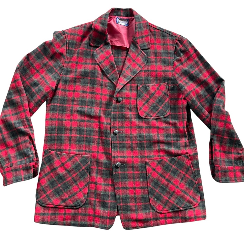 Vintage Pendleton Jacket Men’s Large Red Plaid Wool Flannel Blazer Jacket Wool